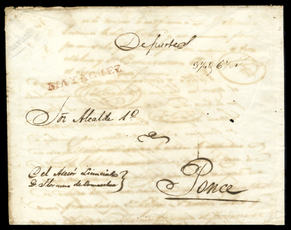 MAYAGUEZ, clear red Ty. 1 straightline postmark on large Official full cover to Ponce, ms. 6½ reales postage due for 3¼ oz, very fine.