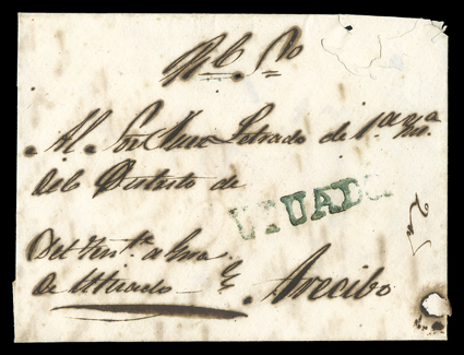 UTUADO, Ty. 1 straightline handstamp in blue-green on small Official cover to Head Judge at Arecibo, ms. R.S. (real servicio) at top and municipal seal on reverse, minor worm
holes, fine and rare fewer than twelve examples are believed to exis