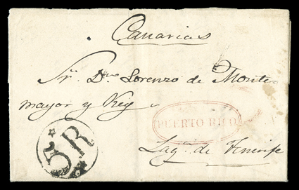 PUERTO RICO, clear Ty. 5 double oval postmark in red on 1838 folded letter from La Guaira, Venezuela to Tenerife, Canary Islands, carried out of the mails to Puerto Rico where
the red oval dispatch handstamp was applied, large 5R* due handstamp