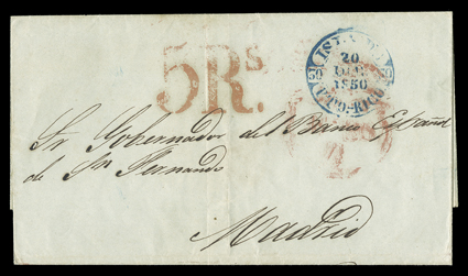 ISLA DEPTO.-RICO, 20 Dec. 1850 Ty. 6 Baeza style datestamp in blue on folded cover to Madrid, large red 5Rs. due handstamp applied on arrival and 1851 backstamp repeated on
front, very fine.