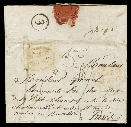 Pto. RICOFRANCO oval Ty. 8 postmark struck twice in red on folded letter to Paris datelined Poto Rico a 18 Avril 1808 written by a French trader who writes that the letter will
be sent on the ship Sersonne bound for Cadiz, he paid 5 r