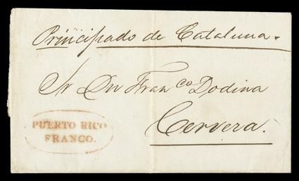 PUERTO RICOFRANCO., beautifully struck Ty. 10 red oval handstamp on 1842 folded letter to Cervera, Spain, fresh and extremely fine ex-Roca.