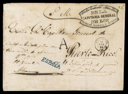 ESPANA, perfectly struck Ty. 16 handstamp in blue applied on arrival to Official cover to San Juan from the commanding general at Valencia with his fancy cachet to his
counterpart in Puerto Rico, double circle Valencia17 Abr, 60 departure