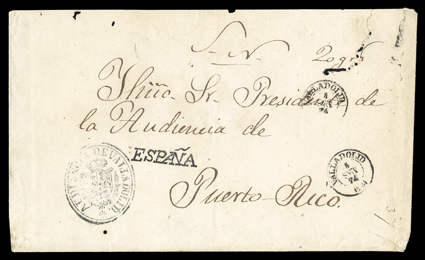 ESPANA, perfectly struck Ty. 16 handstamp in black applied on arrival to Official cover to the President of the High Court in San Juan, twice struck double circle Valladolido5
Set 74 dispatch c.d.s., few worm holes mainly at upper right, e