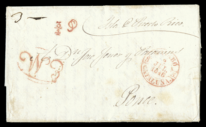 E M, Ty. 23 fancy monogram in oval handstamp in red of the Empresa Maritima (Maritime Enterprise) on 1846 folded letter to Ponce from Mataro, Cataluna, Spain with their red 2
July, 1846 Baeza style c.d.s., red ¾ oz handstamp paying 3 reales