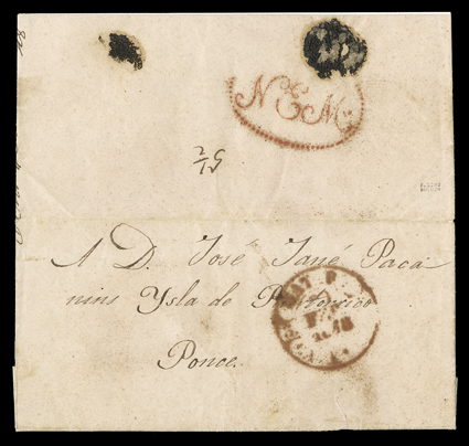 N E M, full strike of Ty. 24 red dotted oval handstamp of the Nueva Empresa Maritima, on back of 1848 folded letter to Ponce from Mataro, Cataluna, Spain, with their red Baeza
style c.d.s., ms. 5½ reales rate, fresh and very fine one of