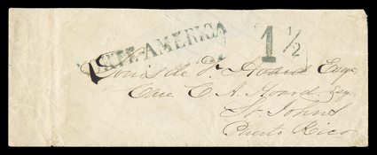 NORTE-AMERICA, mostly clear greenish blue Ty. 27 origin postmark applied on arrival in San Juan, with matching 1½ due handstamp on unpaid oblong cover to San Juan,
Puerto-Rico14 Abr, 64 backstamp, bit of flap missing, very fine the on