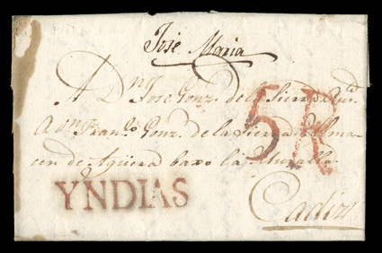 YNDIAS, bold red Ty. 1 straightline handstamp applied on arrival to 1824 folded letter from Puerto to Cadiz, large red 5R due handstamp, cover a bit stained at left edge,
extremely fine strike.