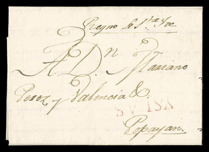 YSLAS, red straightline arrival handstamp on 1810 folded cover to Popeyan, Columbia from San Juan, cover remarkably fresh, fine strike a rare destination and one of only two
known examples of this marking on a cover from Puerto Rico