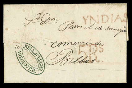YNDIAS, Ty. 11 red straightline handstamp and matching 5Rs. due on cover from Arecibo to Bilbao with large fumigation slit, Bilbao8 Oct. 1848 Beaza style backstamp, very fine
one of only five reported examples from Puerto Rico ex