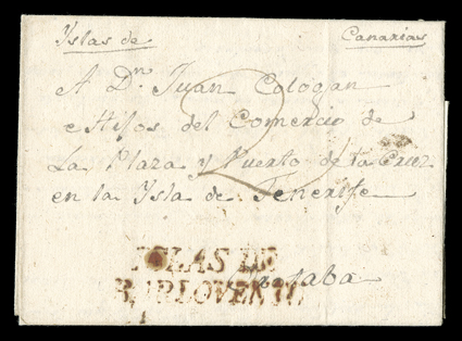 ISLAS DEBARLOVENTO, mostly clear Ty. 2 red two line straightline handstamp on folded letter datelined Puerto Rico July 26, 1789 and confirmed by docket, to Tenerife, Canary
Islands, with ms. 2 reales rate, wonderfully fresh and very fi
