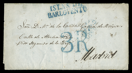 ISLAS DEBARLOVENTO, Ty. 3 blue two-line straightline handstamp and matching 3R due on 1855 folded letter from Puerto Rico to Madrid, blue Cadiz transit and blue Madrid arrival
backstamps, light file fold through the marking, otherwise very fin
