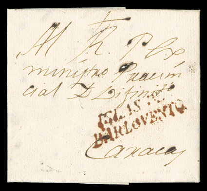ISLAS DEBARLOVENTO, mostly bold Ty. 4 two line straightline handstamp in red on folded letter to Caracas, Venezuela, datelined Puerto Rico August 7 1789, remarkably fresh and
very fine the earliest cover known from Puerto Rico to Vene