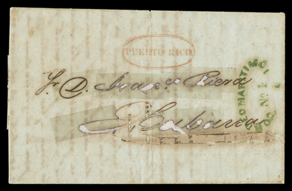 CORREO MARITIMONO. 1, Ty 44 open oval handstamp in green applied upon arrival and red double oval Ty. 5 Puerto Rico departure handstamp on 1842 folded letter to Habana, cover
with ink erosion in the address panel partially reinforced by ar