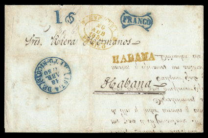 HABANA, yellow straightline handstamp and matching double oval Ty. 55 Empresa*Pto. Rico*26 Abr 1850 datestamp applied on arrival to folded letter with blue Isla dePto.-Rico18
Abr. 1850 Baeza style c.d.s. and matching 1 oz and fancy Fra