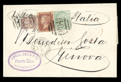 Aguadilla Agency, 1876 cover to Genoa, folded cover franked with Great Britain 1870 ½d Rose red, Plate 10, 1864 1d Rose red, Plate 172 and 1873 1- Pale green, Plate 12 (58, 33,
64) tied by clear F84 barred oval postmark, clear Aguadilla-Port