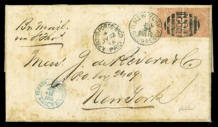 Arroyo Agency, 1875 cover to New York, folded letter franked by horizontal pair Great Britain 1865 4d Vermilion, Plate 14 (43) cancelled by bold F83 barred oval postmark, with
clear Arroyo-Porto-RicoPaidJy 12, 75 Ty. 1 dispatch c.d.s. alon