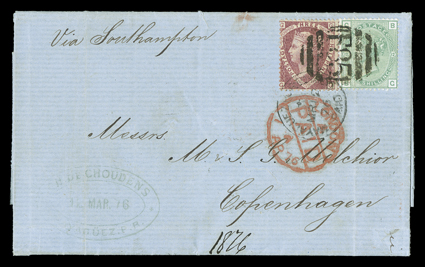 Mayaguez Agency, 1876 cover to Copenhagen, folded letter franked by Great Britain 1870 1 ½d Dull rose, Plate 3 and 1873 1- Pale green, Plate 12 (32, 64), tied by F85 barred
oval and Mayaguez-Porto-RicoPaidMr 12, 76 dispatch datestamp, red