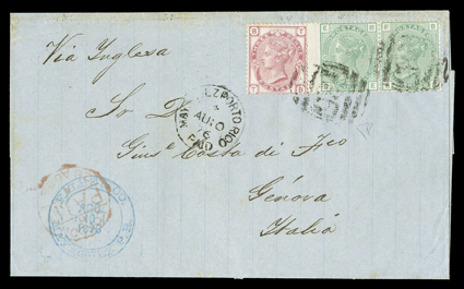Mayaguez Agency, 1876 cover to Genoa, folded cover franked by Great Britain 1873 3d Rose, Plate 18 and left wing margin horizontal pair 1873 1- Pale green, Plate 12 (61, 64),
tied by two strikes F85 in barred oval postmark, mostly bold Mayag