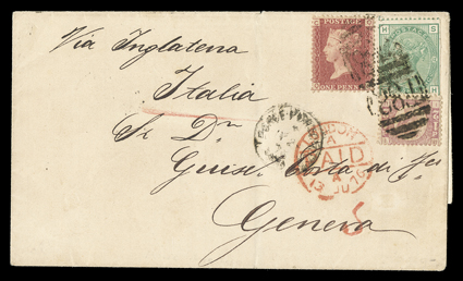 Ponce Agency, 1876 cover to Geneva, folded cover franked by Great Britain 1870 ½d Rose red, Plate 5, 1864 1d Rose red, Plate 154 and 1873 1- Pale green, Plate 12 (58, 33, 64)
tied by F88 in barred oval cancel, Ponce-Porto-RicoPaidMy 25, 76