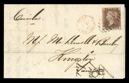 St. Thomas Agency, 1871 cover to Jamaica, printed circular datelined San Juan to Kingston, carried privately to St. Thomas where it entered the mails with Great Britain 1864 1d
Rose red, Plate 106 (33) tied by C51 in barred oval and red St-Th