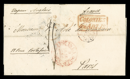 San Juan Agency, 1846 cover to Paris, folded cover with bold San-Juan-Porto-RicoJa 12, 1846 split circle dispatch backstamp and red double circle Isla dePuerto Rico8, 1846, Eno
datestamp, endorsed Vapor Anglais, red London transit, red B