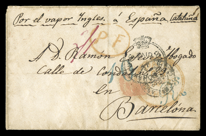 San Juan Agency, 1854 cover to Barcelona, with full clear strike of black Paid at San Juan Porto Rico crowned circle handstamp and San-Juan-Porto-RicoAp 13, 1854 backstamp,
rated 21 in ms. and endorsed Por el vapor Yngles a Espana Catalu