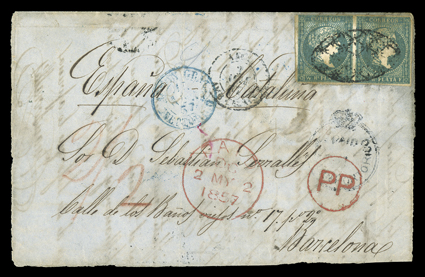 San Juan Agency, 1857 cover to Barcelona, folded cover front and top flap only with partial black Paid at San Juan Porto Rico crowned circle and San-Juan-Porto-RicoAp 13, 1857
backstamp, franked with stained horizontal pair Cuba 1857 ½r Blue
