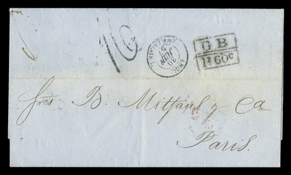San Juan Agency, 1857 cover to Paris, folded letter with clear San-Juan-Porto-RicoJu 13, 1857 split circle dispatch postmark, red London transit, boxed GB1F60c accountancy
handstamp, Calais entry c.d.s. and Paris backstamp, rated 16 decim
