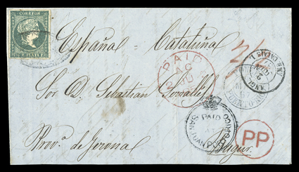 San Juan Agency, 1857 cover to Gerona, Spain, cover front only with clear black Paid at San Juan Porto Rico crowned circle handstamp, franked with Cuba 1857 ½r Blue (12) tied
by Parrilla killer for land rate to San Juan, double circle PonceP