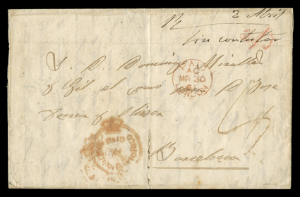 San Juan Agency, 1861 cover to Barcelona, folded letter with mostly bold red Paid at San Juan Porto Rico crowned circle handstamp and San-Juan-Porto-Rico1861 split circle
dispatch backstamp, ms. 23 rate, red London transit, La Junquera an