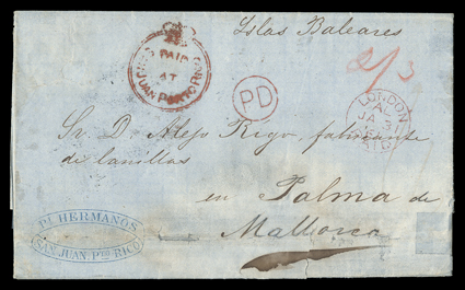 San Juan Agency, 1861 cover to Mallorca, folded letter with mostly bold red Paid at San Juan Porto Rico crowned circle handstamp and San-Juan-Porto-RicoJa 11, 1861 split circle
dispatch backstamp, ms. 23 rate, red London transit and match