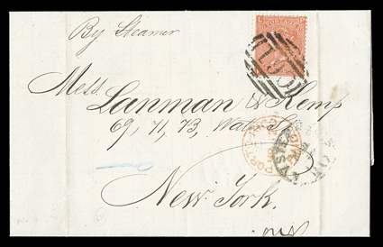 San Juan Agency, 1871 cover to New York, Lanman & Kemp correspondence fold letter franked by Great Britain 1865 4d Vermilion, Plate 11 (43) tied by bold C61 Ty. 1 barred oval,
red Porto-RicoPaidMr 12, 71 dispatch c.d.s., British St-Thomas