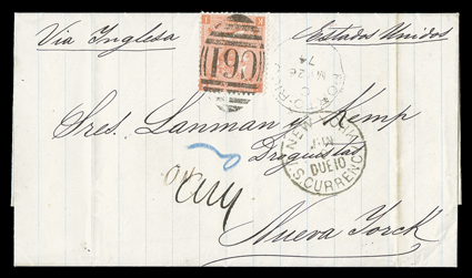 San Juan Agency, 1874 cover to New York, Lanman & Kemp correspondence fold letter franked by Great Britain 1865 4d Vermilion, Plate 13 (43) tied by bold C61 Ty. 2 barred oval,
Porto-RicoMy 26, 74 dispatch c.d.s., British St-ThomasMy 27, 7