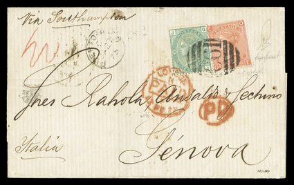 San Juan Agency, 1875 cover to Genoa, folded cover franked by Great Britain 1865 4d Vermilion, Plate 14 and 1873 1- Pale green, Plate 10 (43, 64) tied by C61 Ty. 2 barred oval,
Puerto-RicoJa 27, 75 dispatch c.d.s., red London transit and 