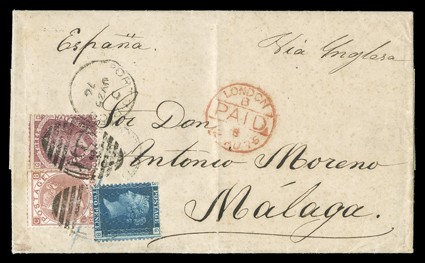 San Juan Agency, 1876 cover to Malaga, folded letter franked with Great Britain 1870 1½d Dull rose, Plate3, 1858 2d Blue, Plate 14 and 1865 10d Red brown, Plate 1 (32, 30, 53)
tied by C61 Ty. 2 barred oval and twice struck Porto-RicoJy 25, 7