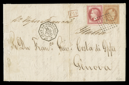 San Juan Agency, 1870 cover to Genoa, folded letter franked with France 1863 40c Pale orange on yellowish and 1868 80c Rose on pinkish (35, 36) tied by anchor in lozenge
cancel, perfectly struck octagonal St. Jean-de-Porto-Rico21 Juil., 70 da