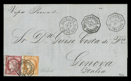 Mayaguez Agency, 1876 cover to Genoa, folded letter franked by France 1870 40c Orange on yellowish and 1872 80c Rose on pinkish (59, 63), tied by perfectly struck
MayaguezPostes-Francaises31 Oct. 76 octagonal datestamp which is repeated twic