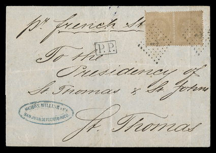 San Juan Agency, 1870 cover to St. Thomas, folded cover franked by horizontal pair France 1867 30c Brown on yellowish (34), tied by twice struck anchor in lozenge cancel with
matching boxed P.P. (pre paid) handstamp for the correct Caribbean r