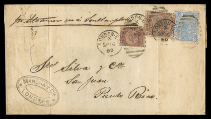 Great Britain 58, 68, 79, 1870 ½d Rose, 1880 2½d Ultramarine and 1d red brown, tied by three strikes of LondonSp 16, 80 duplex to folded cover to San Juan, endorsed Pr Steamer
via Southampton, backstamped, 1d affected by file crease, a bit