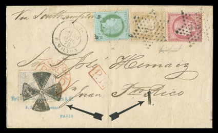 France 53, 54, 63, 1870 5c Yellow green on pale blue and 10c Bistre on yellowish and 1872 80c Rose on pinkish, tied by three strikes of Paris 2 in star of dots to folded cover
to San Juan, ParisR. Milton6e30 Avril 73 dispatch c.d.s. and e