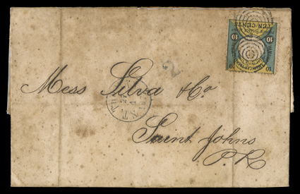 Hamburg American Packet Co., 10c Black, blue-green and yellow, tied by five-ring target cancel to folded letter to Puerto Rico, clear St. Thomas27 4, 1877 dispatch c.d.s. and
Puerto Rico arrival backstamp the next day, rated 2 reales due for