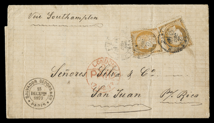 France 59, 1870 40c Orange on yellowish, two singles tied by three strikes of Paris15 Dec, 77 datestamps to folded letter to San Juan, endorsed Voie Southampton, red London
transit and Puerto Rico backstamp, file fold through one stamp, oth
