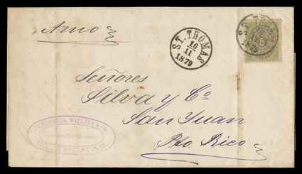 Danish West Indies 8, 1874 5c Green and gray, tied by clear St. Thomas16 11, 1879 datestamp to folded letter to San Juan, c.d.s. repeated at left, endorsed per Arno,
backstamped, very fine.