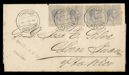 Cuba 103, 1882 5c Gray blue, two horizontal pairs tied by two strikes of CorreosHabana10 Apr 85 datestamps to folded letter to San Juan, c.d.s. repeated at left, San Juan29 Apr
85 backstamp, some toning, very fine.