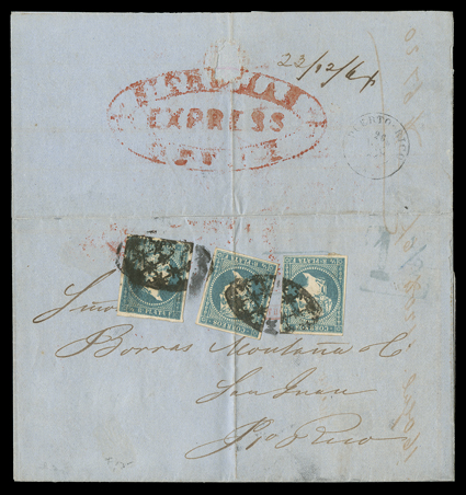 Cuba 12, 1857 ½r Green, three singles tied by Parrilla killers to 1864 partially printed illustrated invoice to San Juan, Puerto Rico from St. Thomas, with mostly clear large
red oval St. THOMASEXPRESSOFFICE handstamp on reverse, blue bo