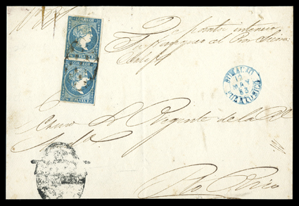 Cuba 12 var., 1857 1r Blue, Pinocchio nose flaw, vertical pair, ample to large margins all around, the bottom stamp the variety (Edifil 7ite), top stamp with puncture,
cancelled by Parrilla killer on Official cover front sent to the Regent of t