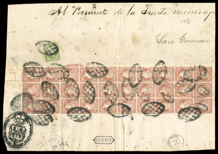 Cuba 13a, 14, 1857 1r Pale yellow green and 2r Dull rose, single of former and block of 30 of latter (3x10), tied by Parrilla killers to registered official package front sent
from the Central Government in San Juan to the Mayor at San German, 