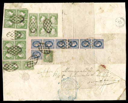 Cuba 13, 20, 1857 1r Gray green and 1864 1r Blue on salmon, mixed issue franking comprised of 1857 1r blocks of six, five and four, plus a vertical strip of three plus single
and 1864 1r irregular vertical strip of seven, all cancelled or tied b