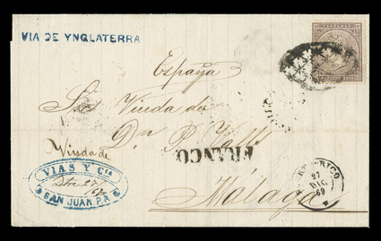 Cuba 41, 1869 40c Dull violet, single tied by Parrilla killer to folded cover to Malaga, Spain with Franco handstamp and Puerto Rico27 Dec 69 c.d.s., entered the British mails
with Porto-RicoDe 27, 69 backstamp, red London transit and Ma